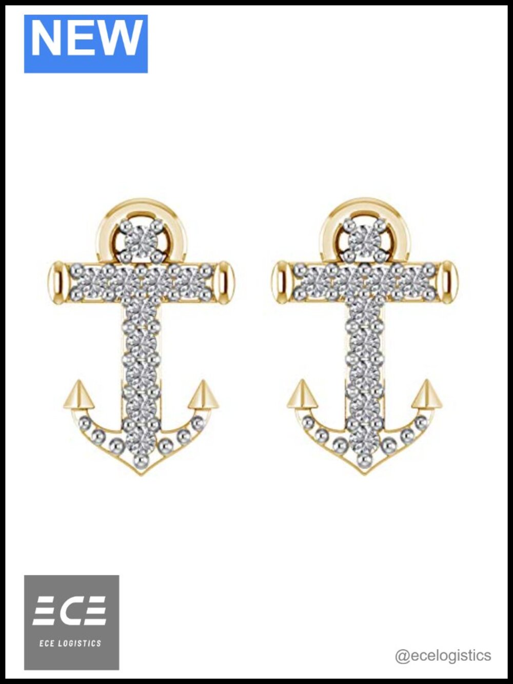 14k Gold Finish 925 Sterling Silver Diamond Anchor Cross Stud Earrings 0.08 ct